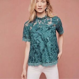 Anthropologie HD in Paris Teal Green Lace Blouse Sheer Floral Top Size 10